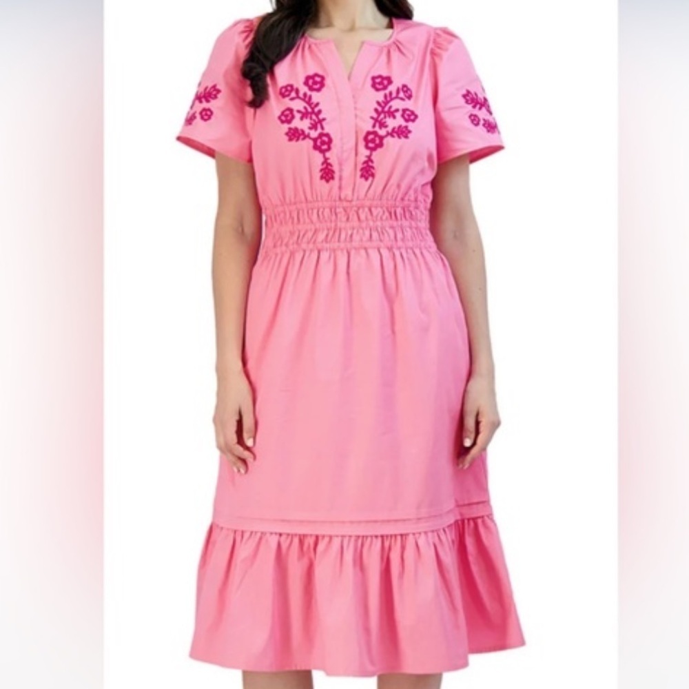 NWT French Connection Pink Cotton Embroidered Floral Smocked Waist Dress XS